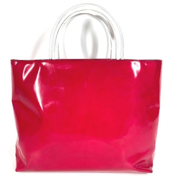 PRADA Plastic handle triangle logo plate Tote Bag Hand Bag enamel pink
